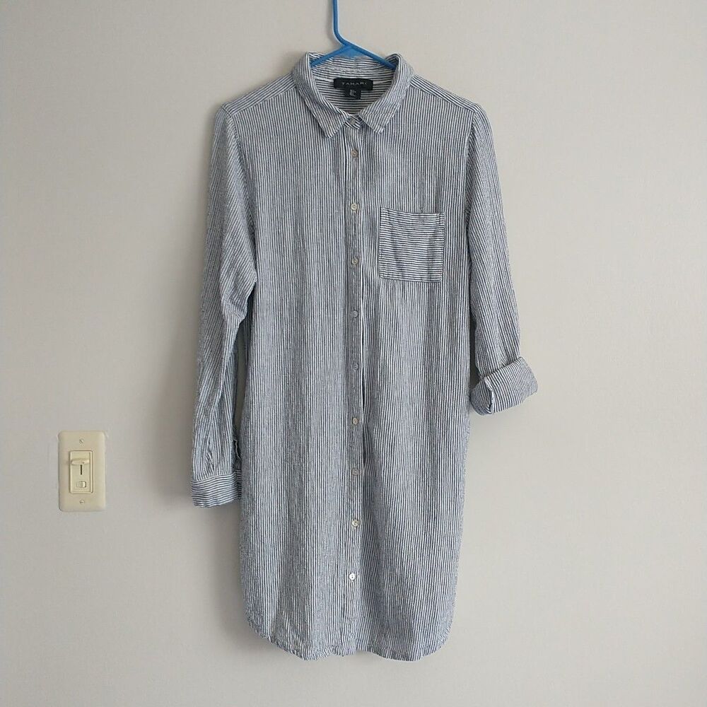 Tahari Linen Shirt Dress Womens L/M*Blue Striped Linen Blend LongSleeve Nautical